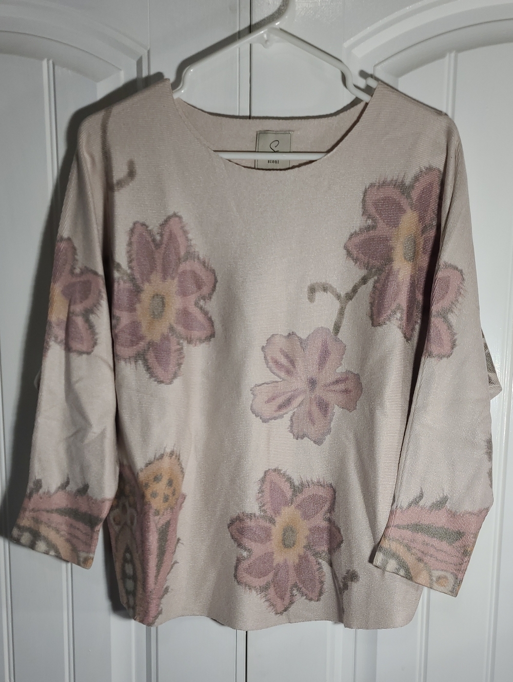 Sioni Cream Floral Print Scoop Neck Sweater with Pink Accents
